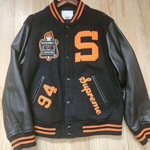 Supreme Black and Orange Bomber Jacket with Varsity Style